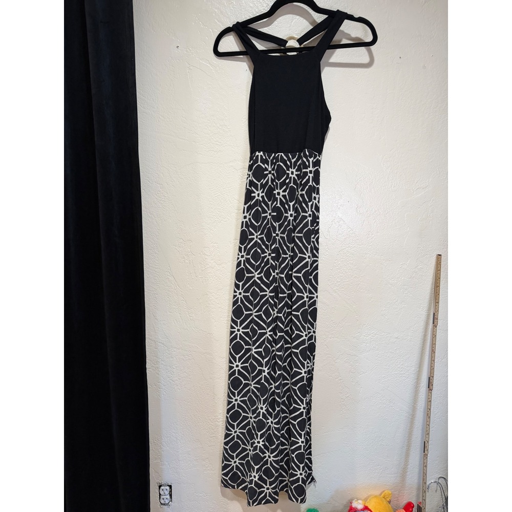 Alice + Trixie Black White Geometric Silk‎ Halter Maxi Dress Gold Ring Detail M